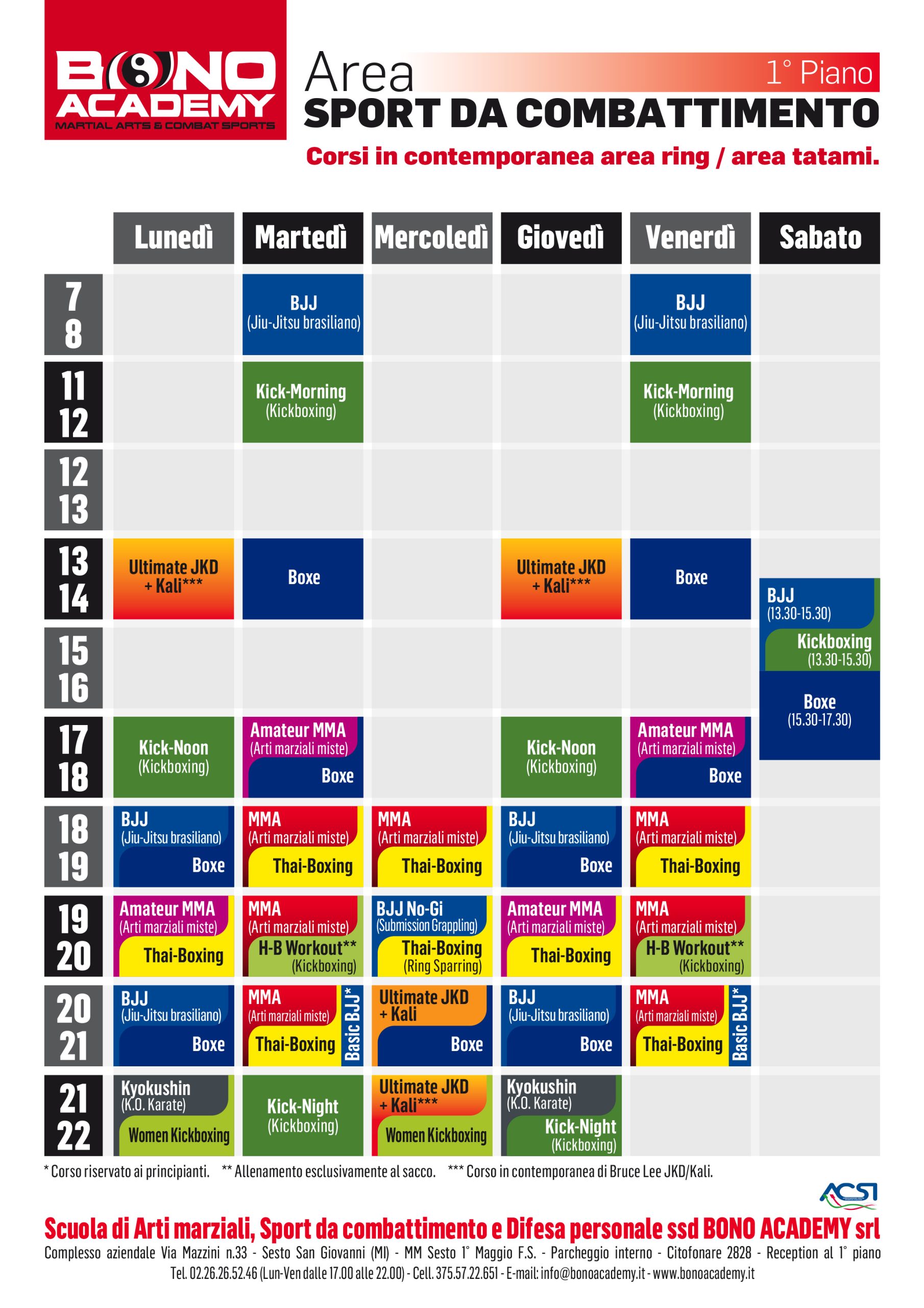 orari Bono Academy stagione 2025-2026 sport da combattimento - 1° piano