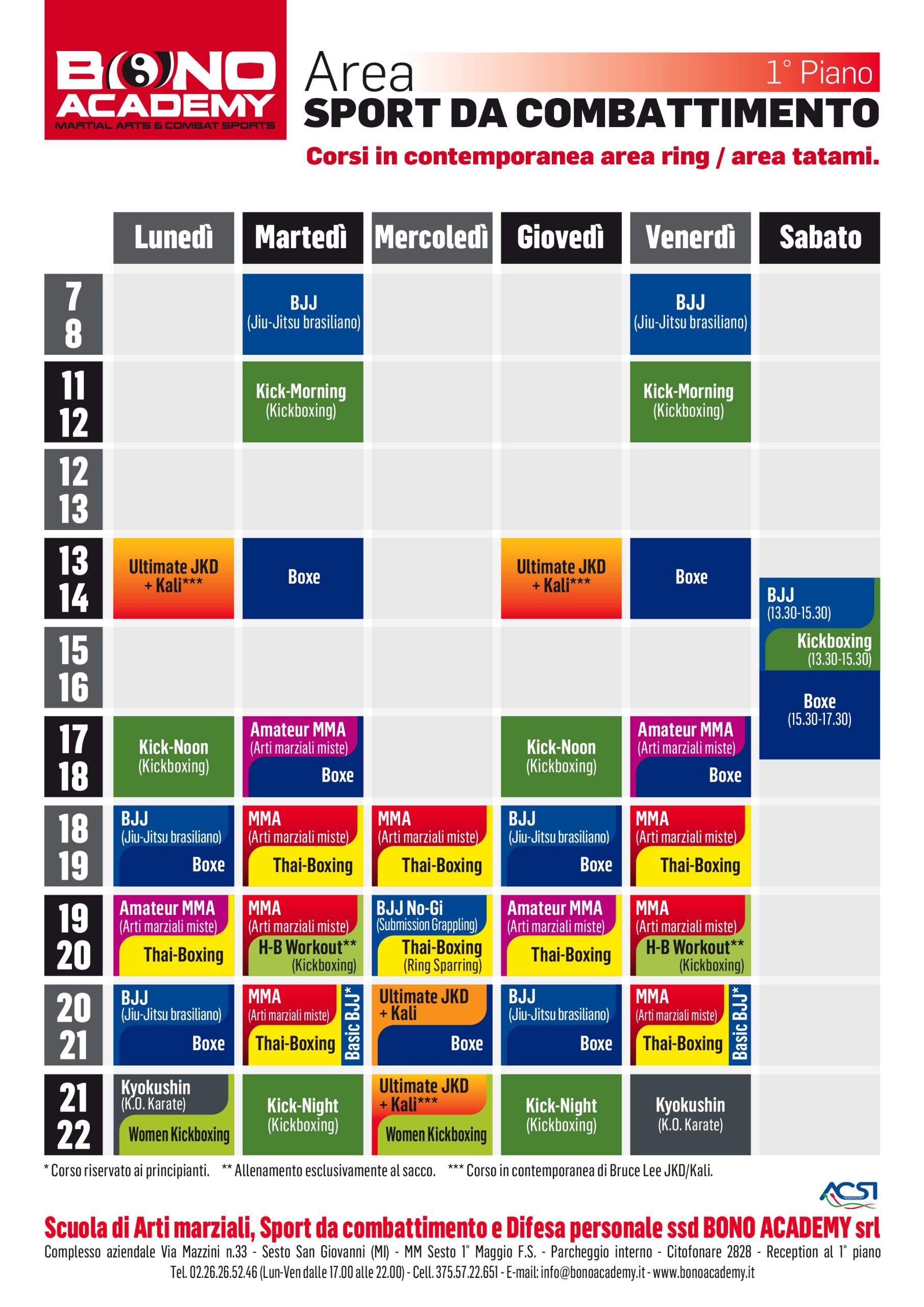 orari Bono Academy stagione 2025-2026 sport da combattimento - 1° piano
