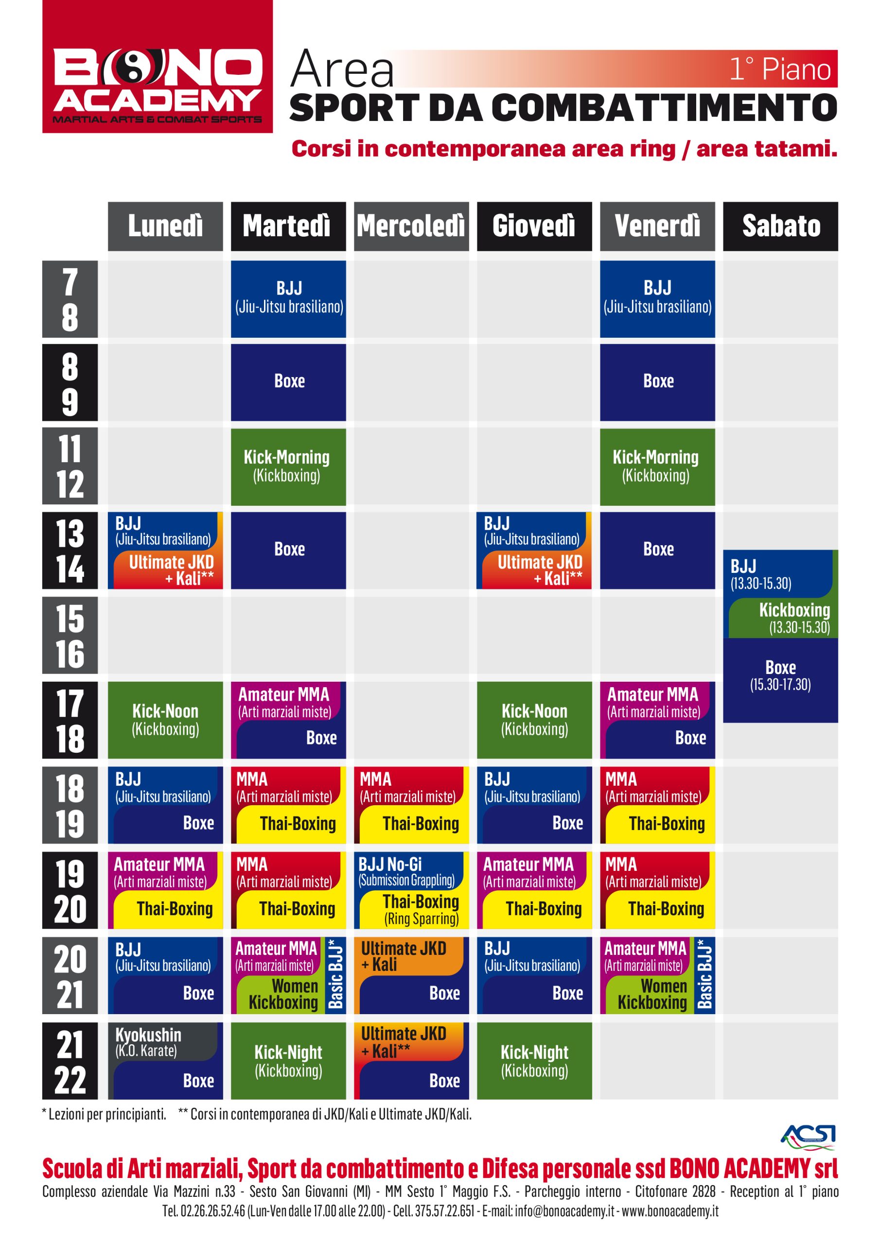 orari Bono Academy stagione 2025-2026 sport da combattimento - 1° piano
